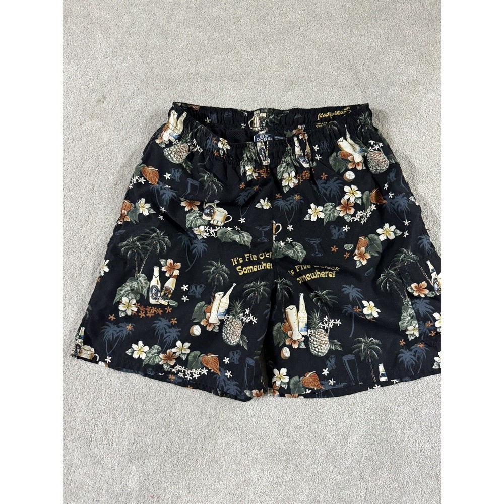 Vintage‎ Big Dog Swim Trunks Lined Pockets Black Floral Beer Print Mens Size XL